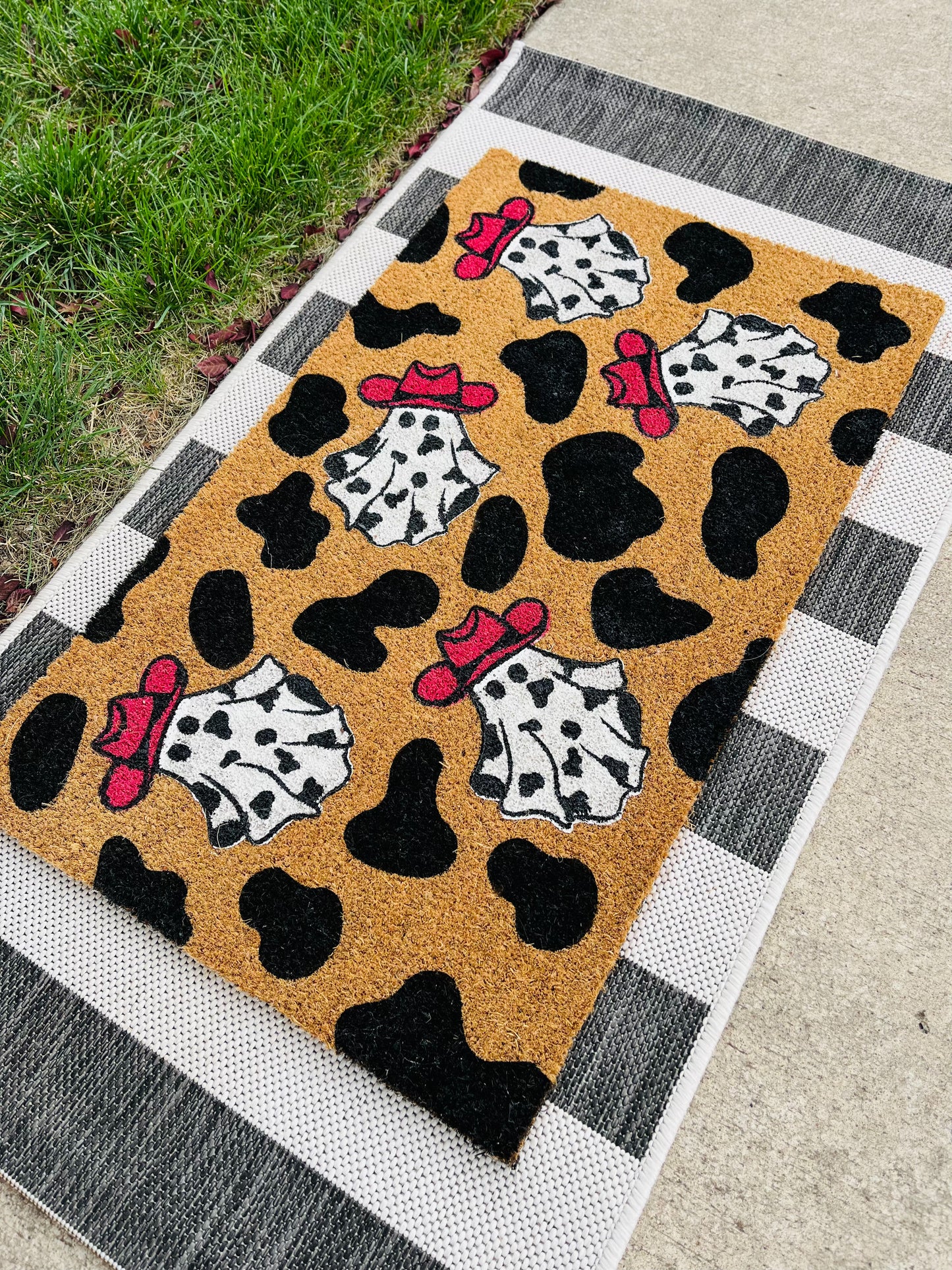 Pink Hat Cow Print Ghost Doormat