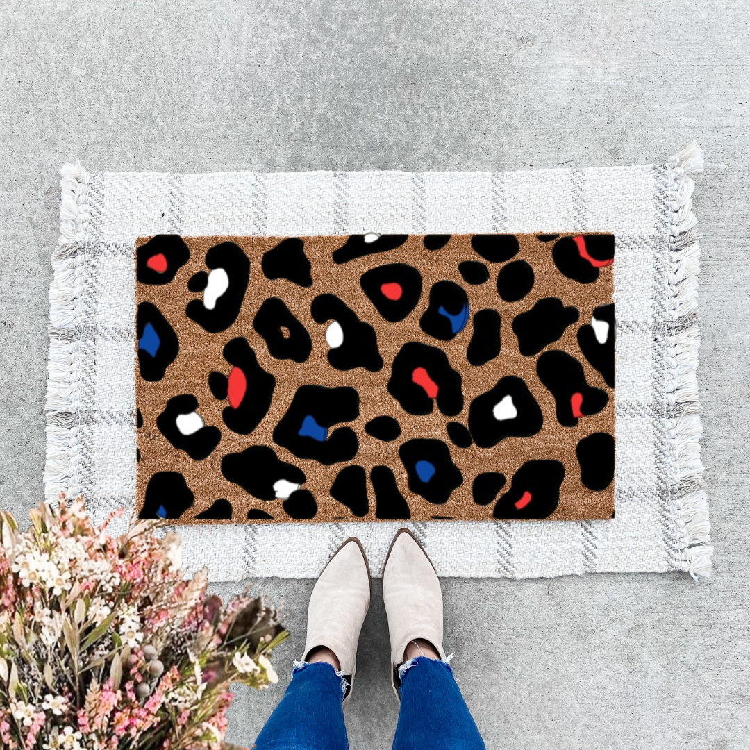 Red White and Blue Cheetah Print Doormat