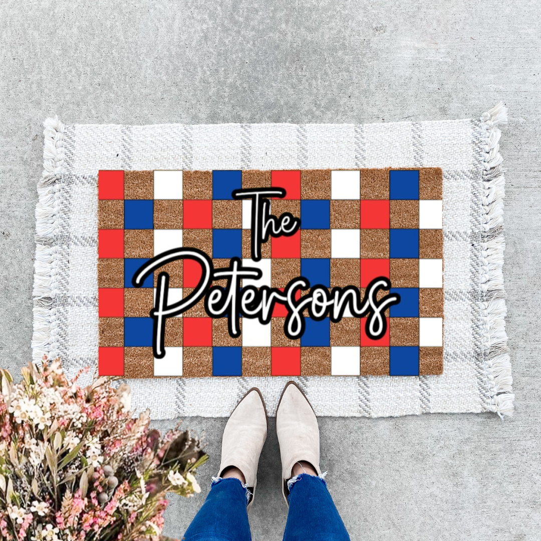 Red White and Blue Personalized Checkered Doormat