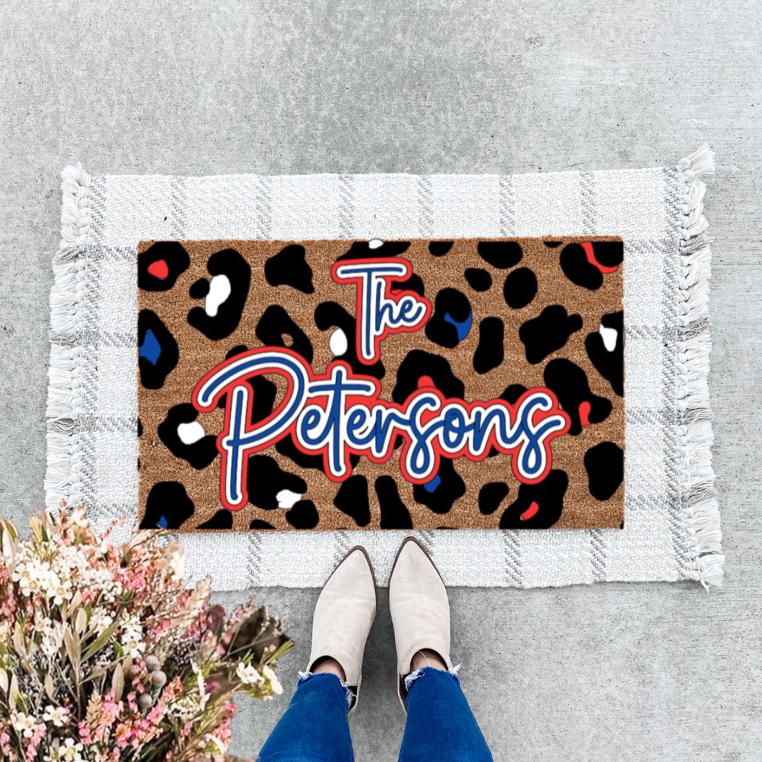 Red White and Blue Personalized Cheetah Print Doormat