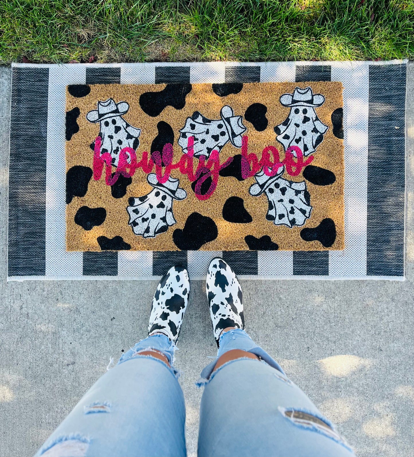 Cow Print Ghost Howdy Boo Doormat