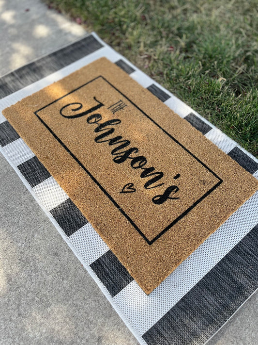 Last Name with Small Heart Doormat